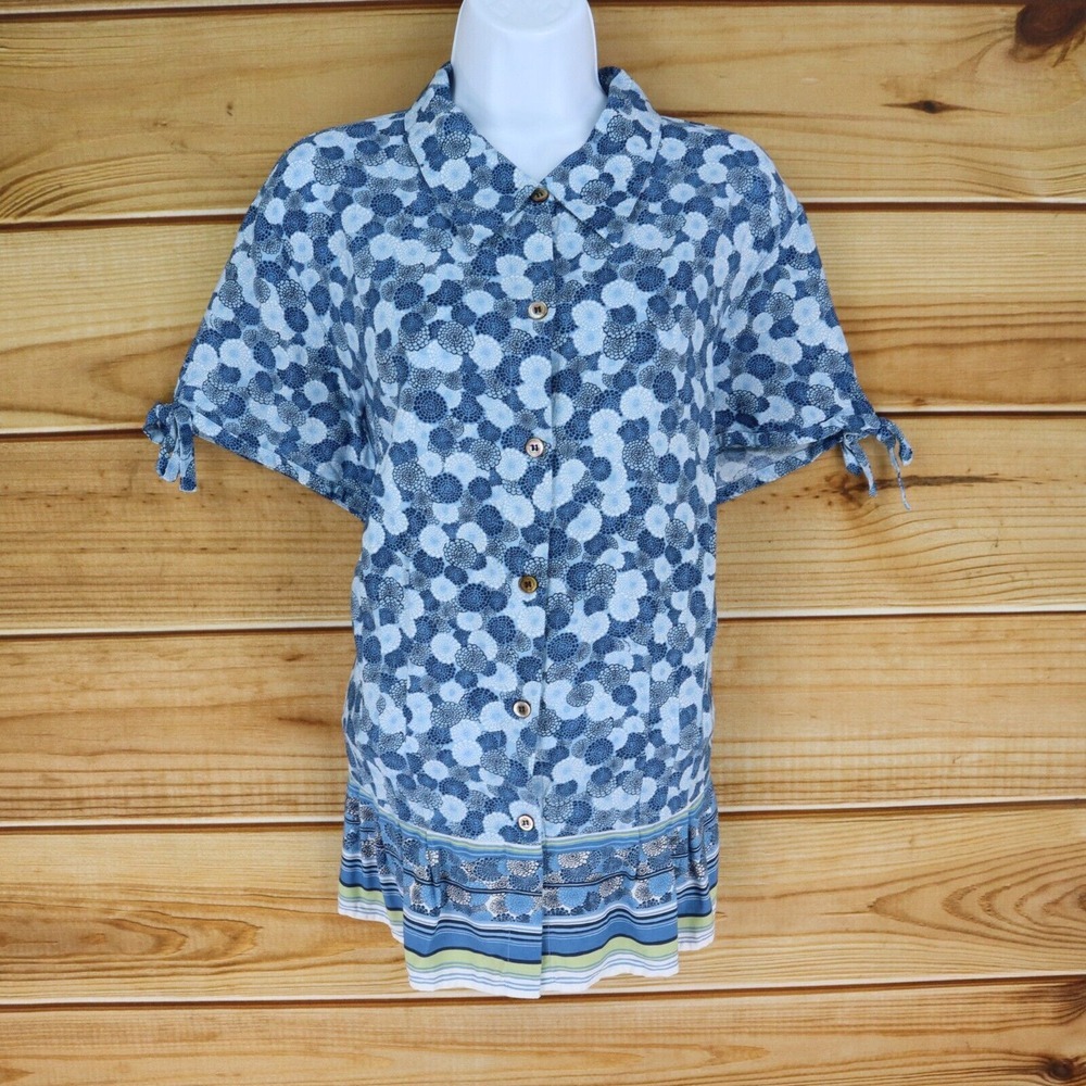 Emma‎ James Button Up Blouse Womens Size 20W Blue White Geometric Short Sleeve